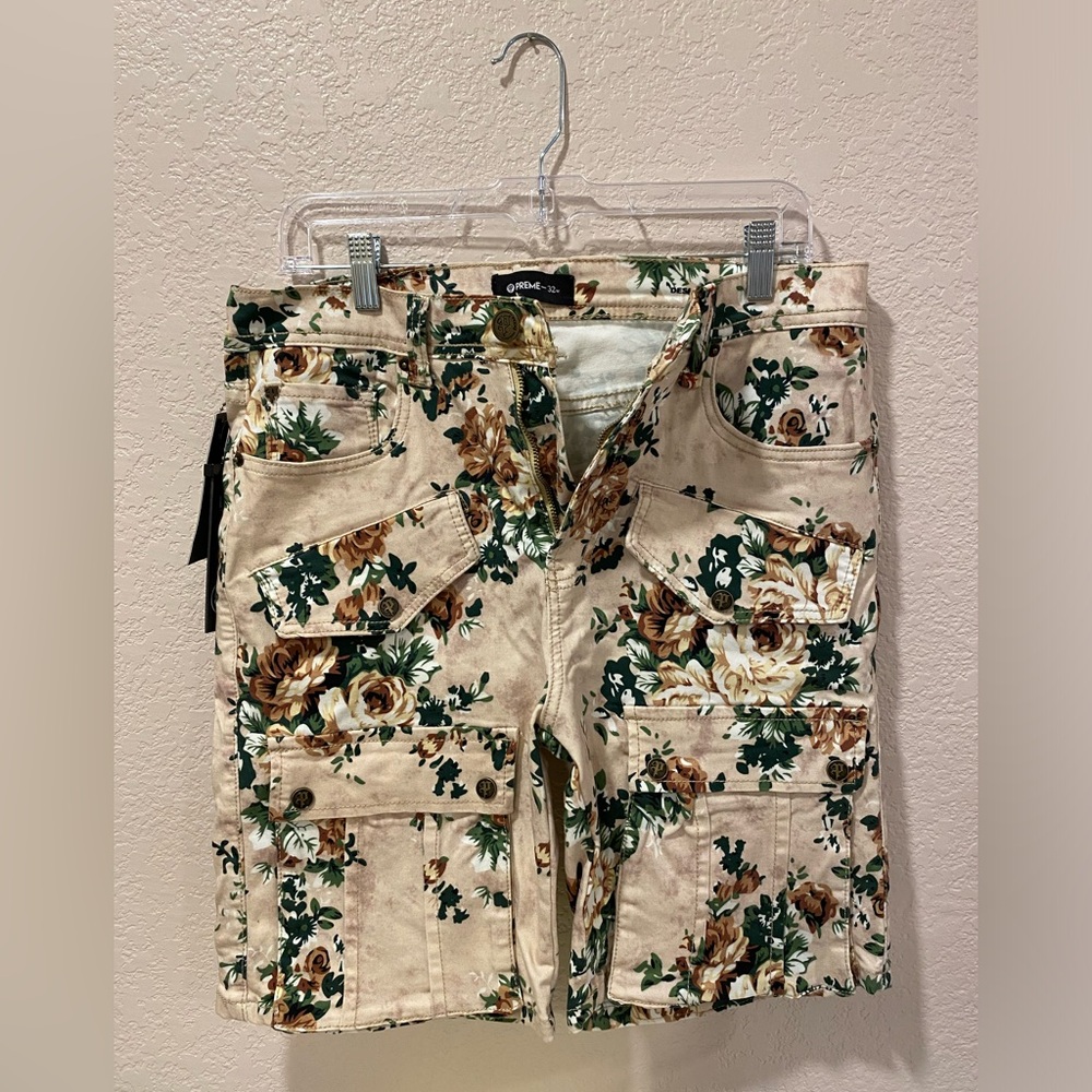 Men's Preme Cream Floral Cargo Stretch Shorts Size 32 NWT *See Descript*